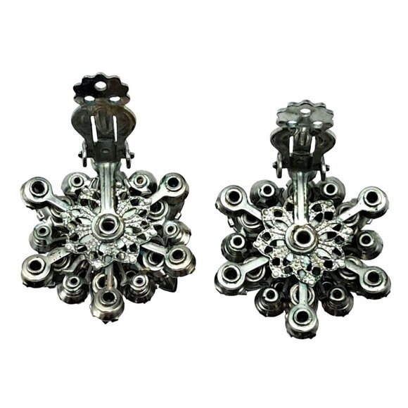 Vintage Rhinestone Earrings Fleur de Lis Aurora Borealis Gray Clear Clip Ons Cos - Picture 8 of 11